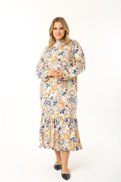 CANSELLBUTİKK BÜYÜK BEDEN  Kemerli,gizli fermuarlı,kolları lastikli, pileli Şal Desen Elbise (46-48-50-52-54)