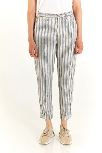 U.S. Polo Assn. SEGON High Waist Double Leg Side Pocket Striped Linen Blended Carrot Fit Women's Trousers