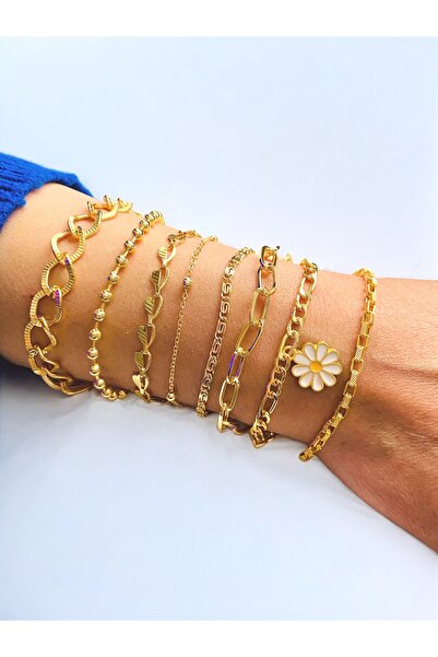 xesha Altın Kaplama 8'li Kombin Bileklik Seti Gold Renk Kadın Zincir Bilezik ...