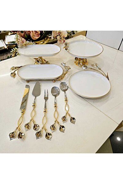 Genel Markalar 9 PARCA GALA AYAKLI PORSELEN SUNUM SETİ GÜMÜŞ DETAYLI