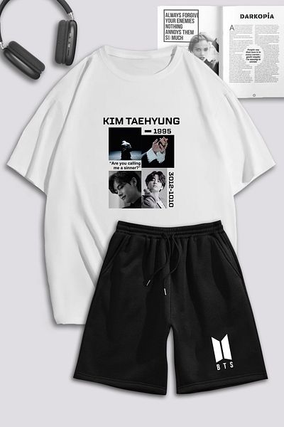 macklin Unisex Γυναικείες ανδρικές φόρμες Kim Taehyung BTS με τυπωμένο προσαρμοσμένο σχέδιο υπερμεγέθη μπλουζάκι και σορτς