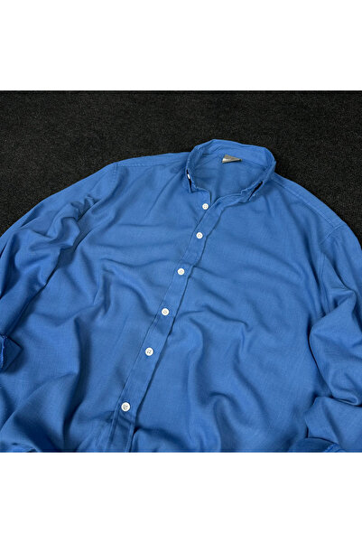 Hazhers Blue Men's Basic Oversize Shirt Collar Long Sleeve Summer Shirt