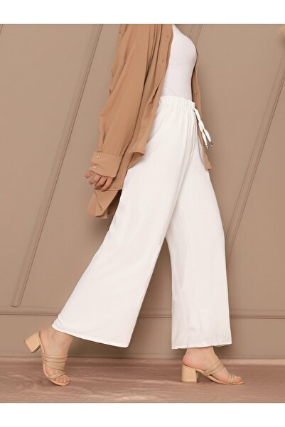 HİJABAYA Παντελόνι με λαστιχένια μέση με λεπτομέρεια με κορδόνια -Λευκό -COLLECTION