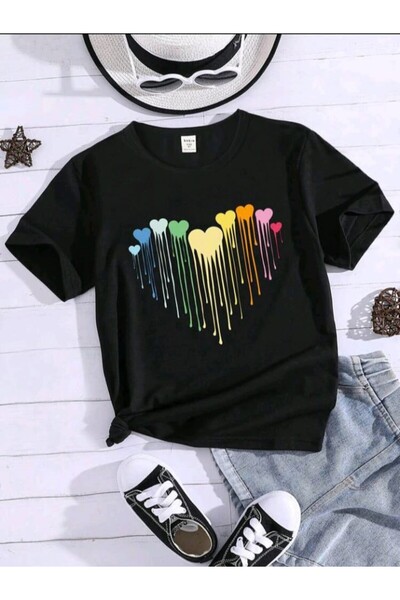 MAGORS Tricou pentru adolescenți și copii, cu imprimeu cu inimi colorate, cu ...