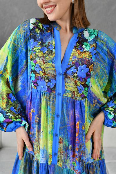 bayansepeti Rochie de vară evazată pentru femei, cu imprimeu floral, cu închidere cu nasturi, guler predominant, mânecă cu balon, cu croiala midi, evazată 036