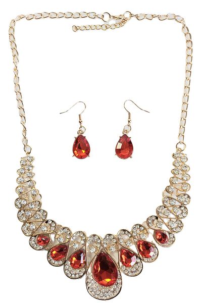 impressive Elegant Evening Dress Necklace Earring Set with Red Crystal Drop Stones (Gold)
