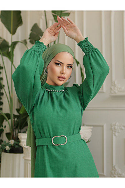 HİJABAYA Λινό φόρεμα με πέτρες στο γιακά, μανίκια και ζώνη