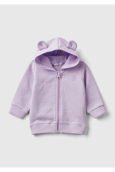 United Colors of Benetton Baby Lilac Chest Rabbit Logo Embroidered Hooded Sweatshirt with Ears