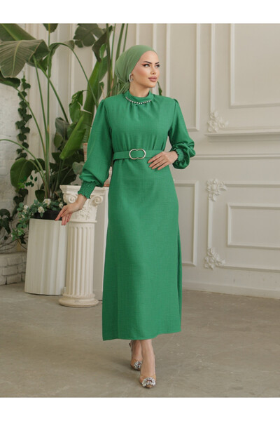 HİJABAYA Λινό φόρεμα με πέτρες στο γιακά, μανίκια και ζώνη