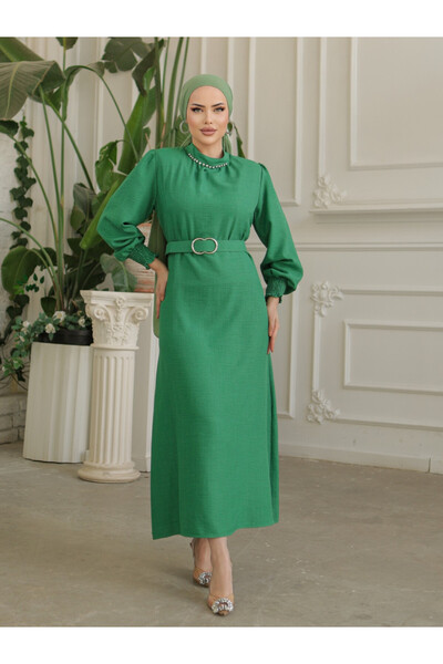 HİJABAYA Λινό φόρεμα με πέτρες στο γιακά, μανίκια και ζώνη