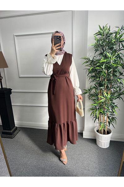 Nisa Nalbantoğlu Καφέ κρεπ Hijab Gilet