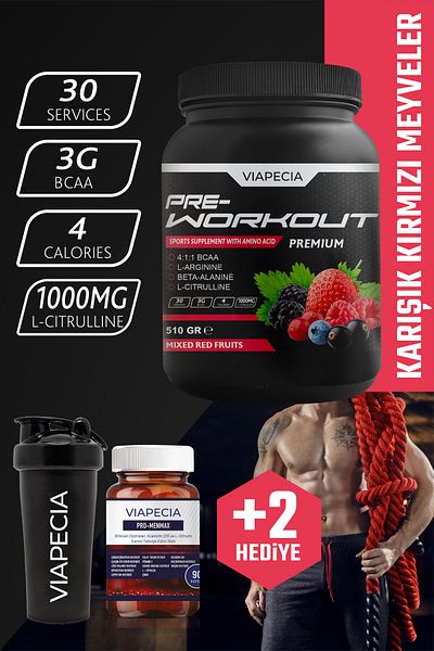Viapecia Red Fruit Flavored Pre-Workout Premium Energy Booster Powder 510 Gr - Ideal for Dynamic Training