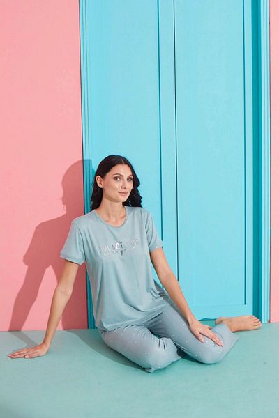 MEBA Water Green Text Patterned Short Sleeve Knitted Milan Women's Pajamas Set /14
