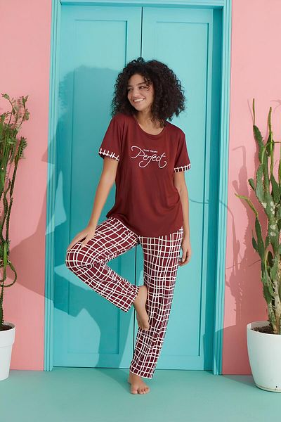 MEBA Set pijamale damă tricotate Milan cu mâneci scurte, roșu claret, model carouri perfecte /7
