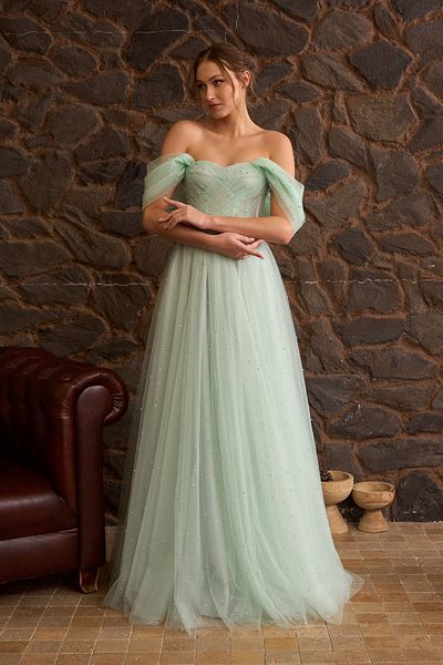 Lenta Moda Water Green Jewelled Maxi Length Draped Transparent Evening Dress