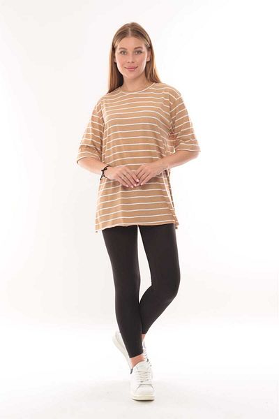 RESPİRO COTTON COMBED SHORT DUBLE SLEEVE STRIPED SLIT TUNIC