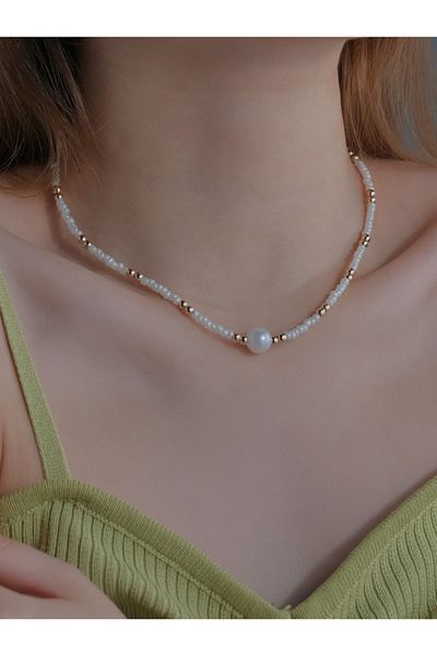 Stoneday Gold Detailed Trendy Necklace - Pearl Pendant, Pearlescent and Sand Beads