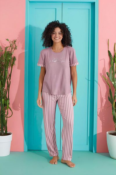 MEBA Set de pijamale Milan tricotat cu mâneci scurte cu model text liliac /5