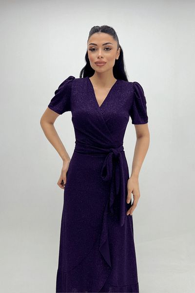 giyimmasalı Imported Glitter Fabric Belt Detailed Midiboy Dress Eggplant Purple