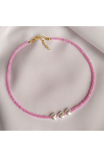 Stoneday Pink Pearlescent and Bead White Pearl Heart Necklace