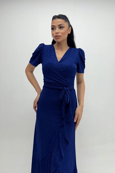 giyimmasalı Glitter Fabric Belt Detailed Midiboy Dress Saks Blue