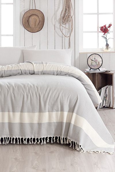 Lux Touch Pure Gray Double Bedspread 200 X 230 Cm Piqué Cotton Sofa Armchair Cover with Tassels