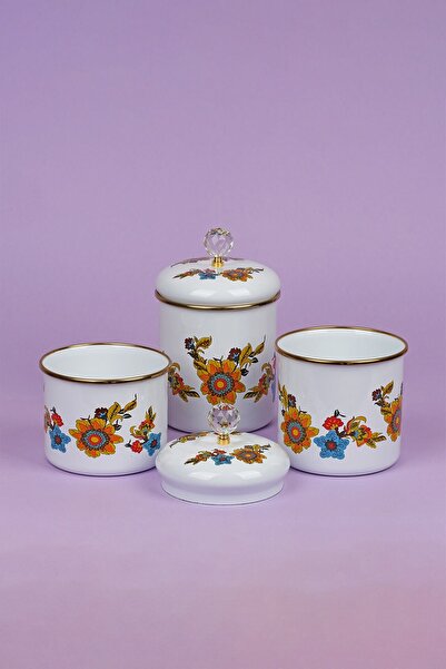 Glore Lorena Beyaz Emaye 3'lü Kavanoz - Baharatlık Takımı