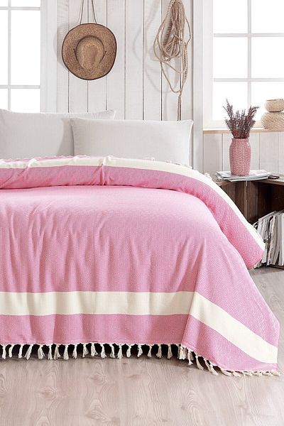 Lux Touch Crystal B. Pink Double Bedspread 200 X 230 Cm Piqué Cotton Sofa Armchair Cover with Tassels