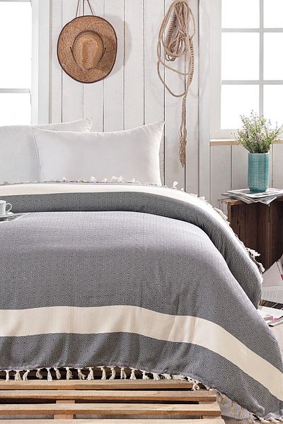Lux Touch مفرش سرير مزدوج كريستال أسود 200 × 230 سم غطاء كرسي أريكة قطن بيكيه مع شرابات