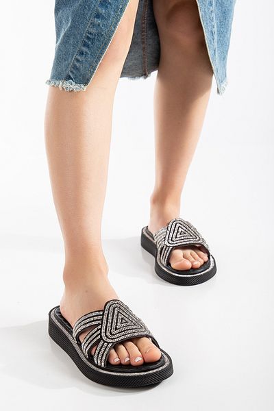 Mc vay Shoes Papuci de damă Trex Row Black cu detaliu de piatră albă