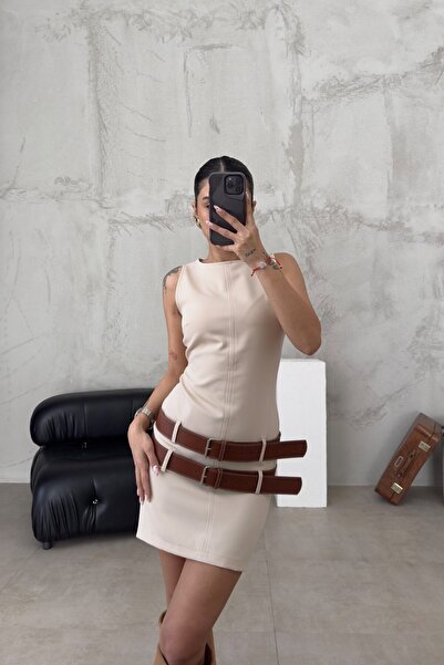 FMN Moda Rochie mini pentru femei cu mâneci zero și cusături duble - scurtă e...