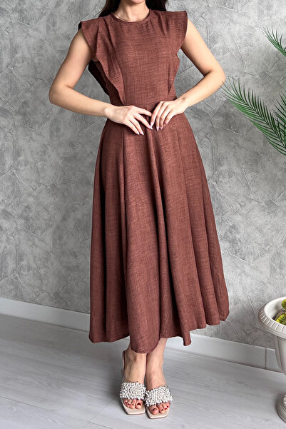 GÜLSELİ Καφέ Γυναικείο φόρεμα με λαιμόκοψη