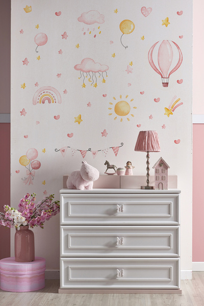 AlyMarkt Baby Room Happy Pink Balloons and Sky Sticker for Wall Mirror Cabinet Door