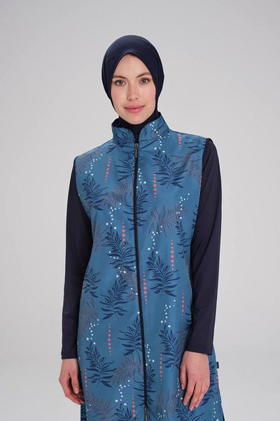 Haşema Nehar Leaf Patterned Navy Blue Gilet 3 τεμαχίων Σετ μαγιό Hijab 2263