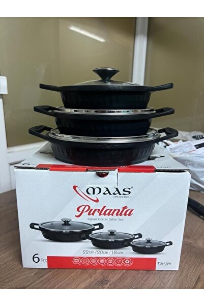 MAAS Pırlanta 6 Parça Kapaklı Döküm Granit Sahan Seti 18-20-22 cm Siyah