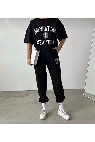 LOUİSA Дамска черна тениска с къс ръкав и принт Manhattan - долнище от спорте...