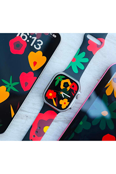 Miscase Apple Watch 42/44/45/49 MM ile Uyumlu Çiçek Desenli Silikon Saat Kordonu