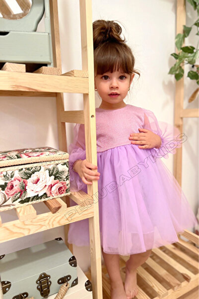 penu baby kids Mor Uzun Tül Kol Detaylı Tütülü Kız Bebek Elbise