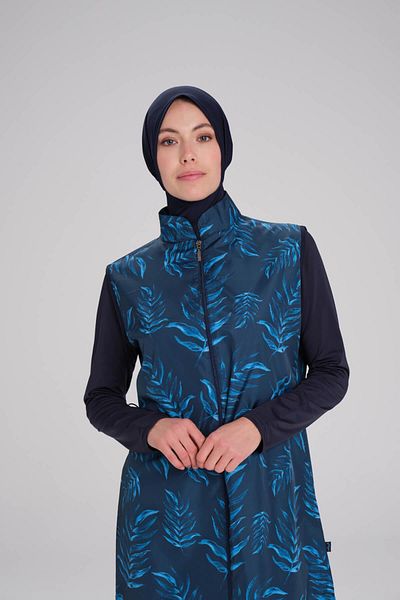 Haşema Σετ μαγιό Hijab 3 τεμαχίων με σχέδιο Nehar Leaf Navy Blue Gilet 2271