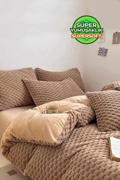 Evlen Home Collection Double (Sided) Personality Fur Quilt Filled Plush Soft Soft Bedspread 1 Piece Set Tri Brown