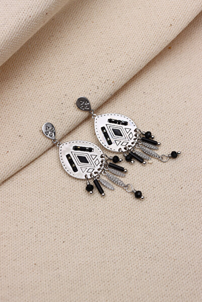 Süspüs Accessories OVAL KUM BONCUKLU SALLANTILI KARARMAZ ETNİK KÜPE(VIP)