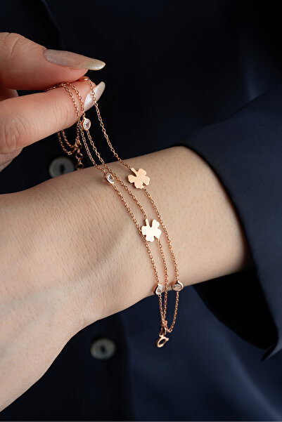 Silvano Jewelry 925 Ayar Gümüş 3 Sıra Yoncalı Taşlı Bileklik