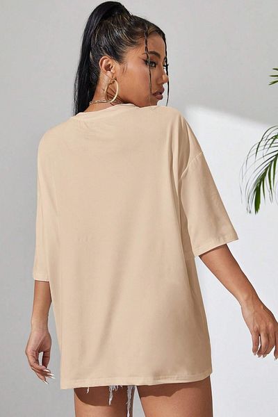 MODAGEN Μπλουζάκι Unisex Beige Crew Neck 90's printed oversize μπλουζάκι