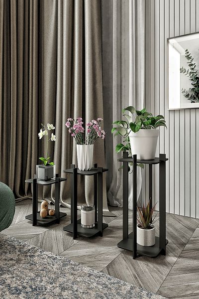 messer 3-Piece Black Flower Patterned Flower Pot Square Set