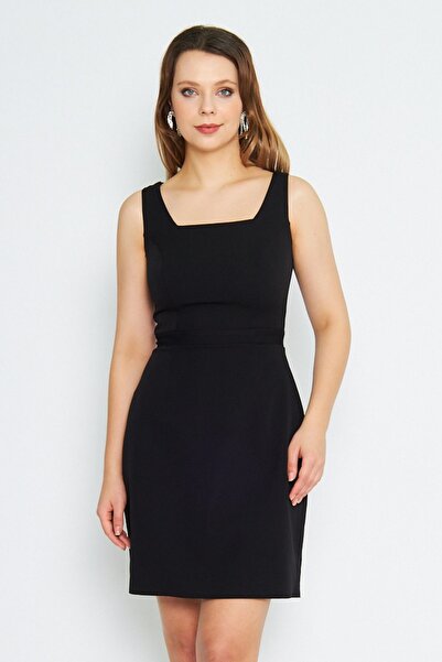 NO48 Kadın Geniş Askılı Kare Yaka Mini Siyah Elbise