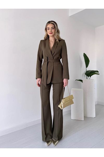 HARMONY GLOBAL Women's Khaki Belted Blazer Jacket Trousers Set 3058