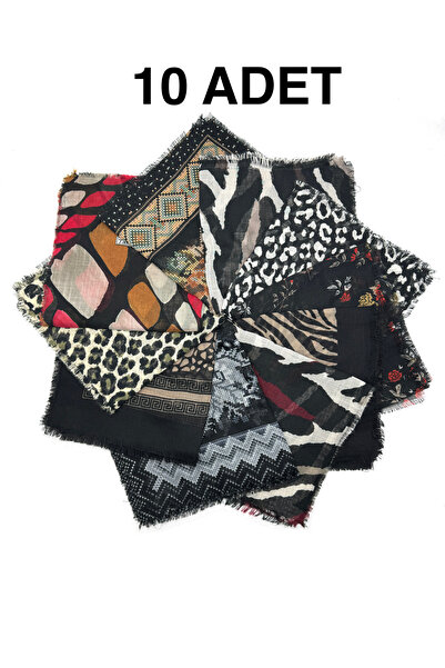 nazipek 10'lu Set Karışık Desen Flamlı Pamuklu Yazma Eşarp 100x100cm Leopar Z...