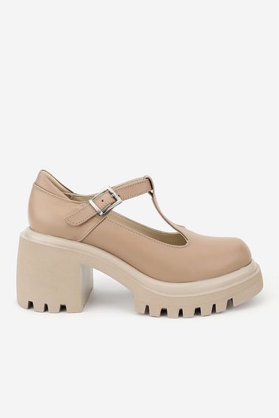 TUNAELLİ WOMEN'S BEIGE GENUINE LEATHER THICK HEEL STRAP SHOES