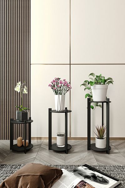 messer Set of 3 Black Flower Patterned Flower Pot Round