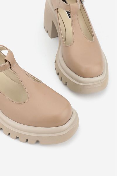 TUNAELLİ WOMEN'S BEIGE GENUINE LEATHER THICK HEEL STRAP SHOES